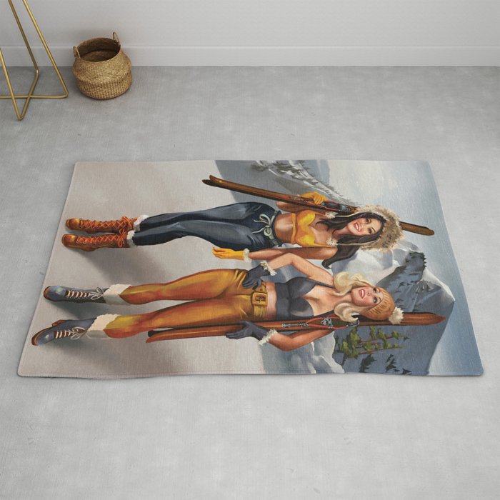 "Ski Bunnies" Cool Retro Winter Pinup Girl Art Rug