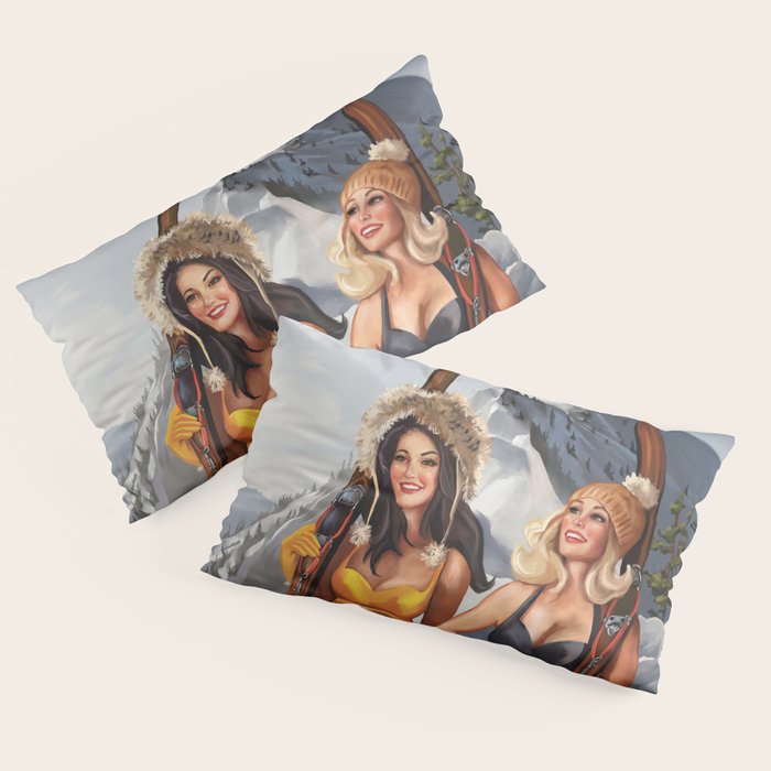 "Ski Bunnies" Cool Retro Winter Pinup Girl Art Pillow Sham
