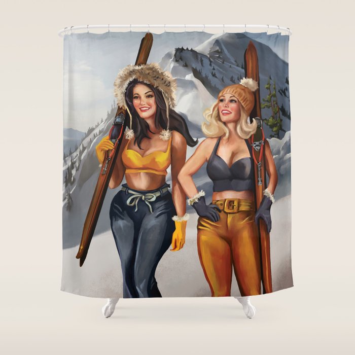"Ski Bunnies" Cool Retro Winter Pinup Girl Art Shower Curtain