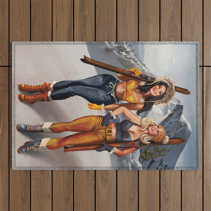 "Ski Bunnies" Cool Retro Winter Pinup Girl Art Outdoor Rug