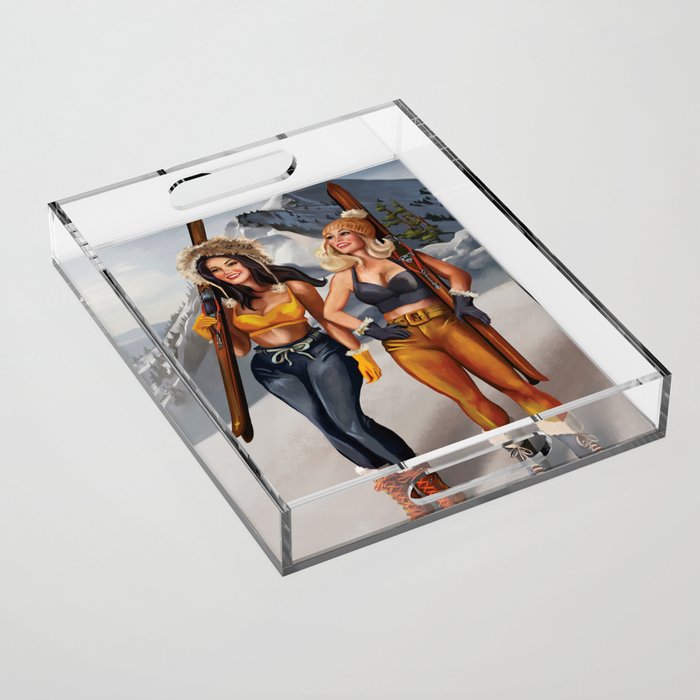 "Ski Bunnies" Cool Retro Winter Pinup Girl Art Acrylic Tray