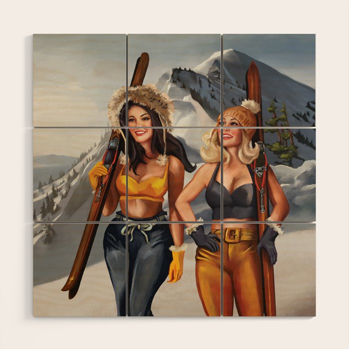 "Ski Bunnies" Cool Retro Winter Pinup Girl Art Wood Wall Art