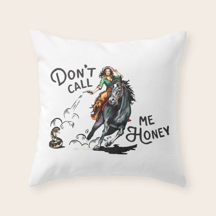 "Don't Call Me Honey" Cowgirl On Horseback Shooting a Rattlesnake Throw Pillow