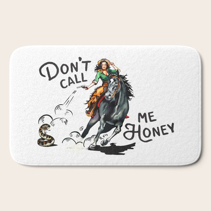 "Don't Call Me Honey" Cowgirl On Horseback Shooting a Rattlesnake Bath Mat