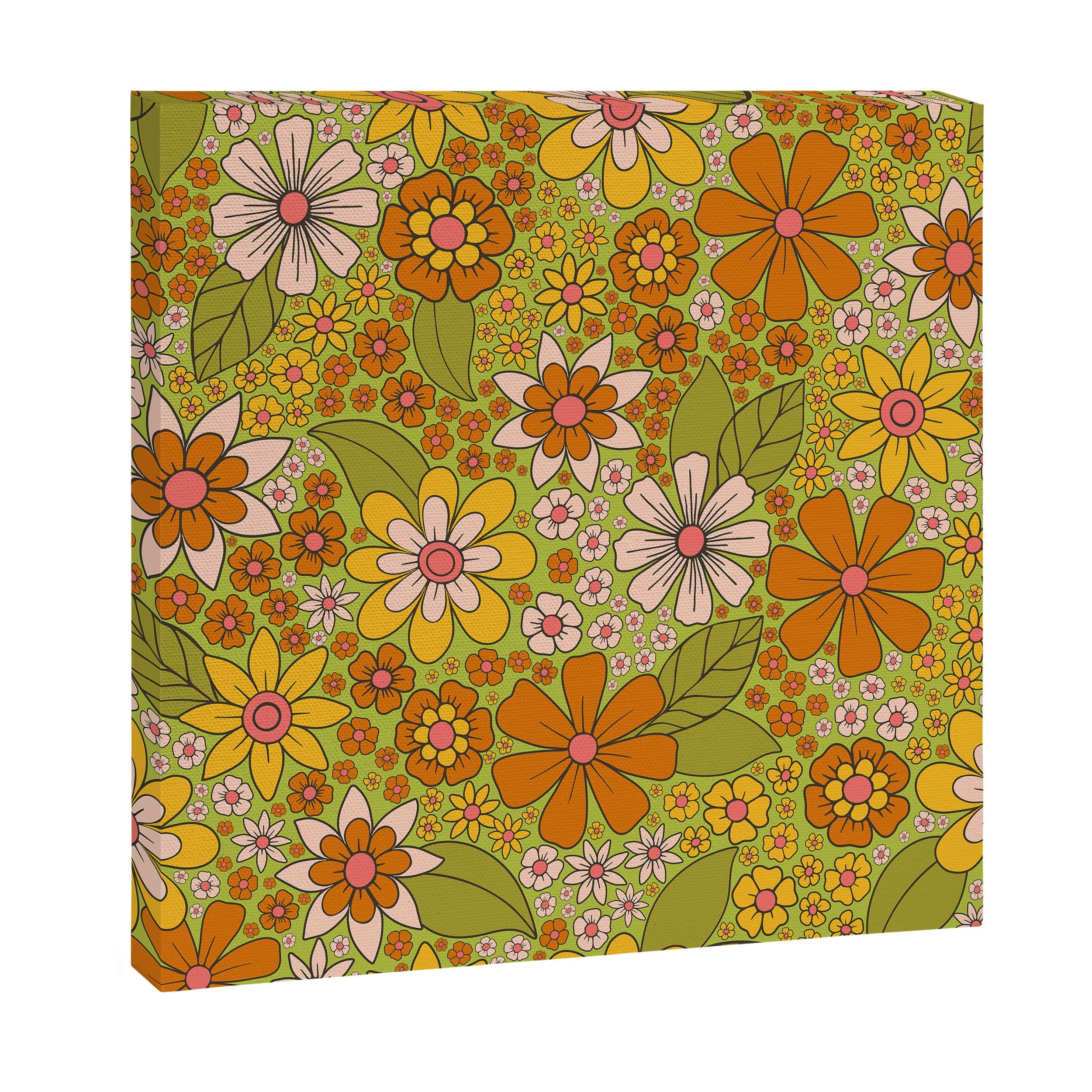 1960s, 1970s Retro Floral in Green, Pink & Orange - Flower Power Canvas Print