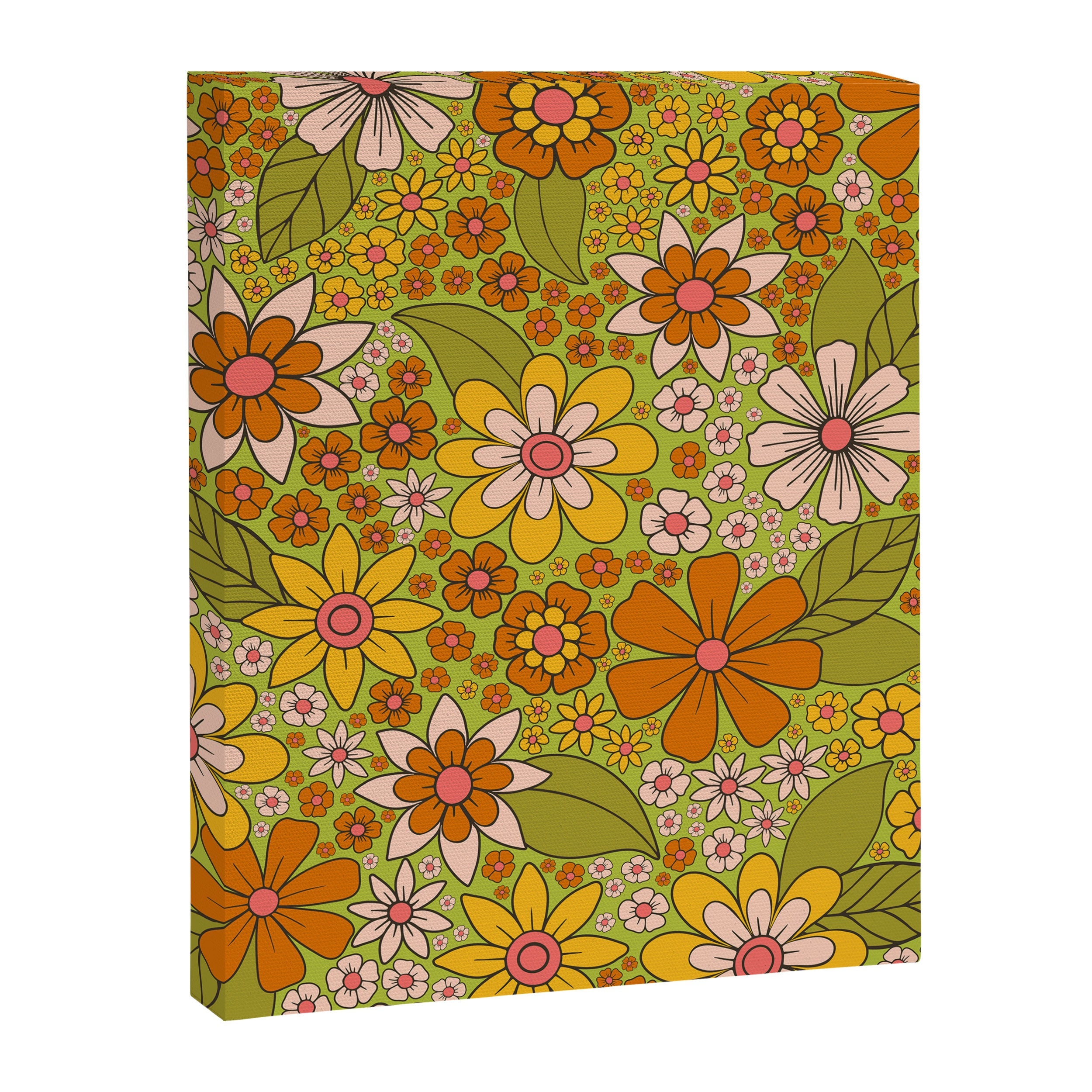 1960s, 1970s Retro Floral in Green, Pink & Orange - Flower Power Canvas Print