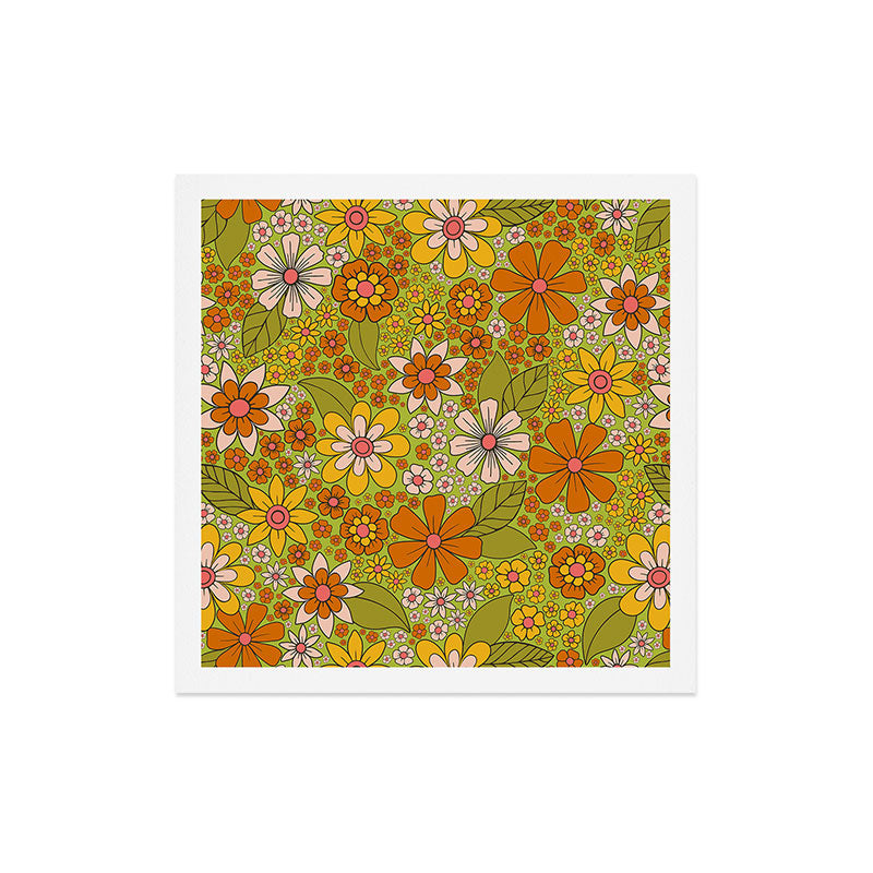 1960s, 1970s Retro Floral in Green, Pink & Orange - Flower Power Art Print