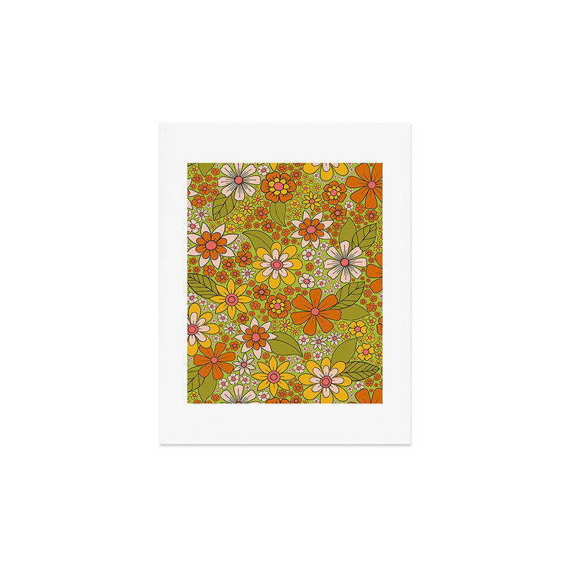 1960s, 1970s Retro Floral in Green, Pink & Orange - Flower Power Art Print