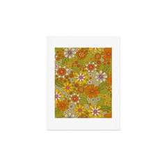 1960s, 1970s Retro Floral in Green, Pink & Orange - Flower Power Art Print