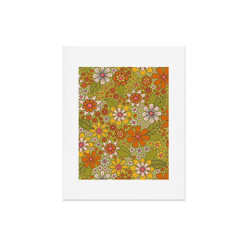 1960s, 1970s Retro Floral in Green, Pink & Orange - Flower Power Art Print