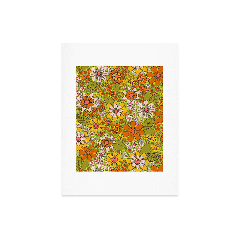 1960s, 1970s Retro Floral in Green, Pink & Orange - Flower Power Art Print