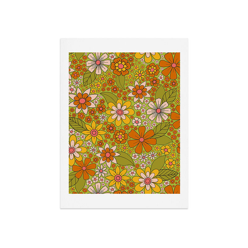 1960s, 1970s Retro Floral in Green, Pink & Orange - Flower Power Art Print
