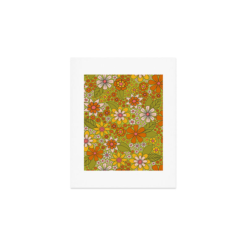 1960s, 1970s Retro Floral in Green, Pink & Orange - Flower Power Art Print