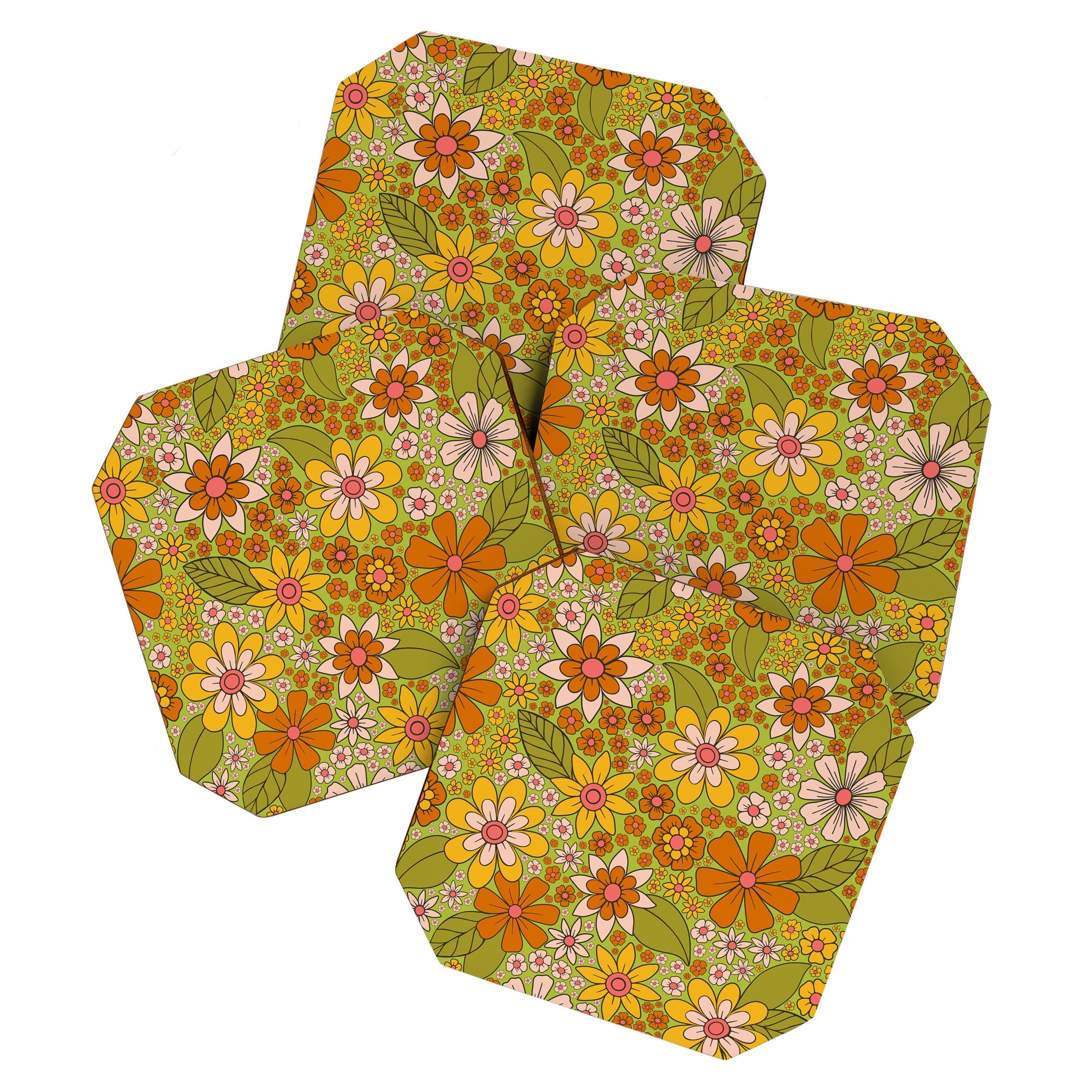 1960s, 1970s Retro Floral in Green, Pink & Orange - Flower Power Coaster