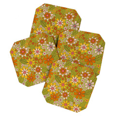 1960s, 1970s Retro Floral in Green, Pink & Orange - Flower Power Coaster