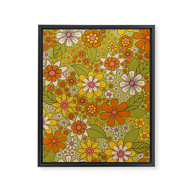 1960s, 1970s Retro Floral in Green, Pink & Orange - Flower Power Framed Canvas Print