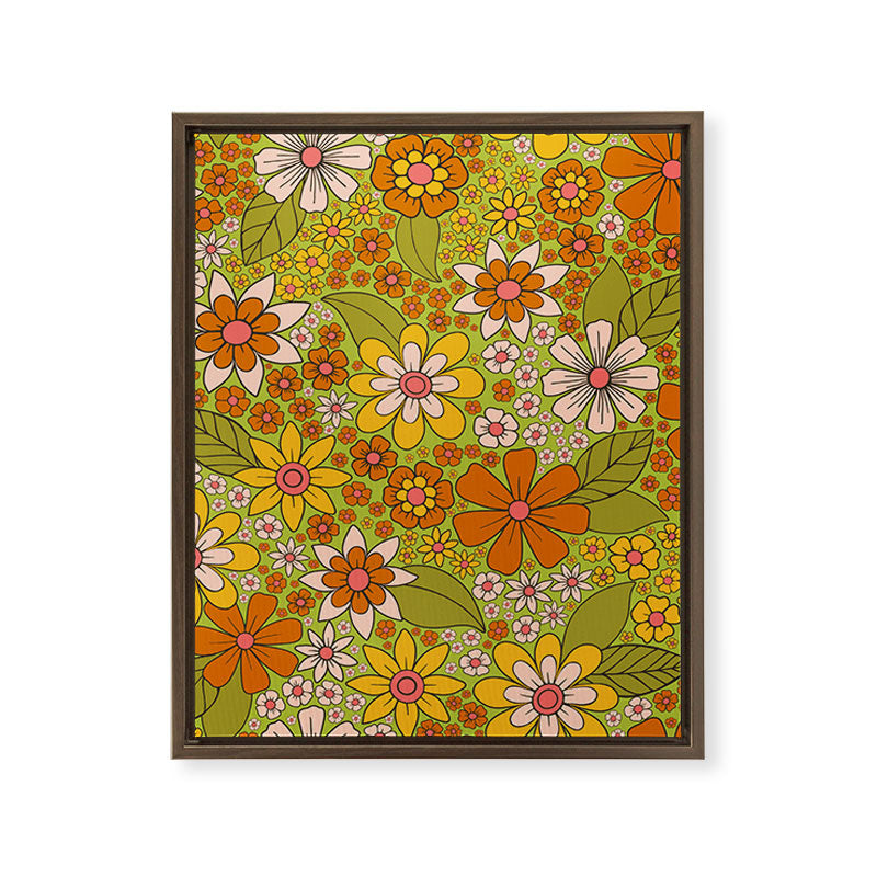 1960s, 1970s Retro Floral in Green, Pink & Orange - Flower Power Framed Canvas Print
