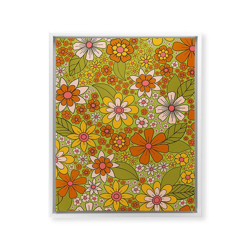 1960s, 1970s Retro Floral in Green, Pink & Orange - Flower Power Framed Canvas Print