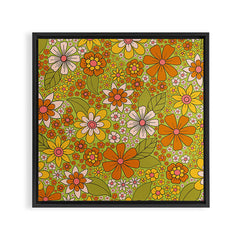 1960s, 1970s Retro Floral in Green, Pink & Orange - Flower Power Framed Canvas Print