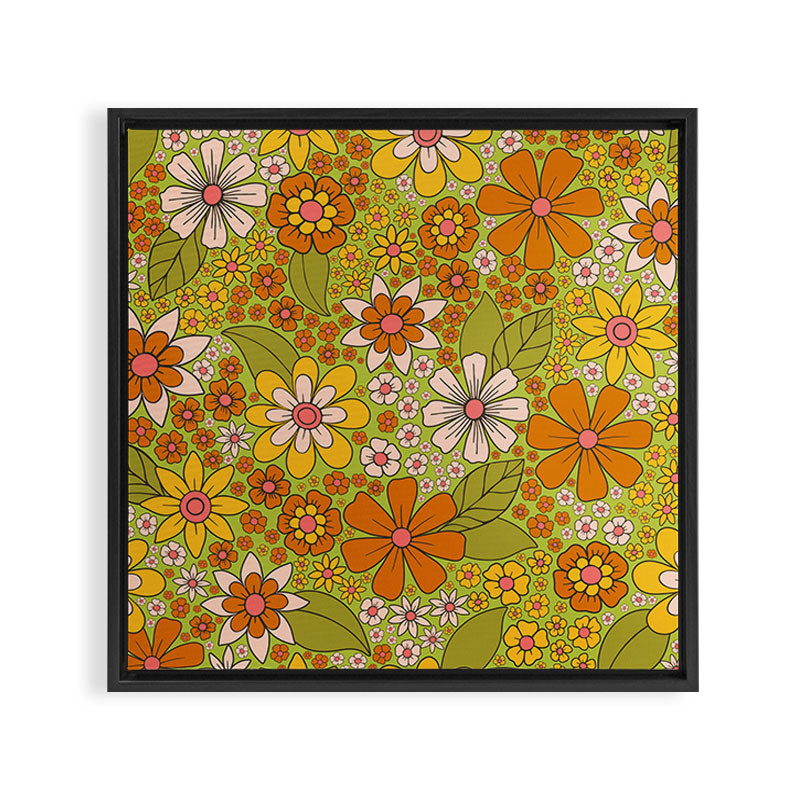 1960s, 1970s Retro Floral in Green, Pink & Orange - Flower Power Framed Canvas Print