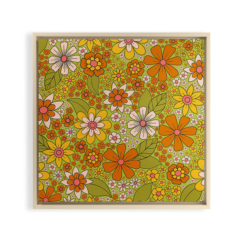 1960s, 1970s Retro Floral in Green, Pink & Orange - Flower Power Framed Canvas Print