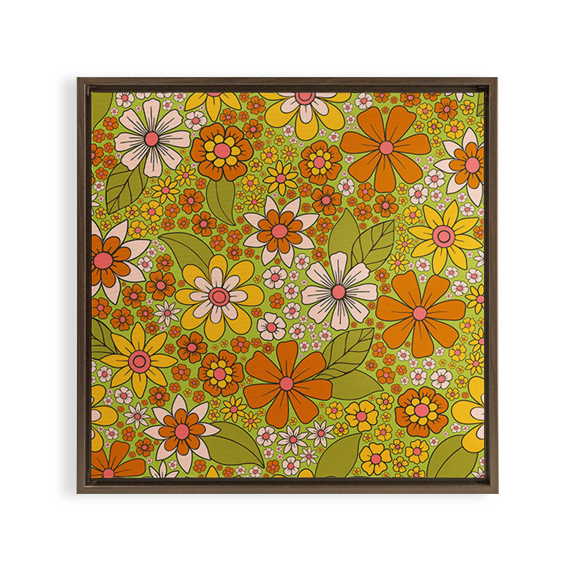 1960s, 1970s Retro Floral in Green, Pink & Orange - Flower Power Framed Canvas Print