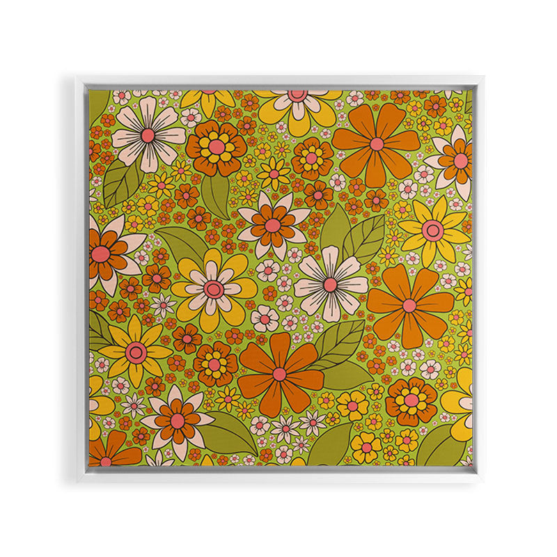 1960s, 1970s Retro Floral in Green, Pink & Orange - Flower Power Framed Canvas Print