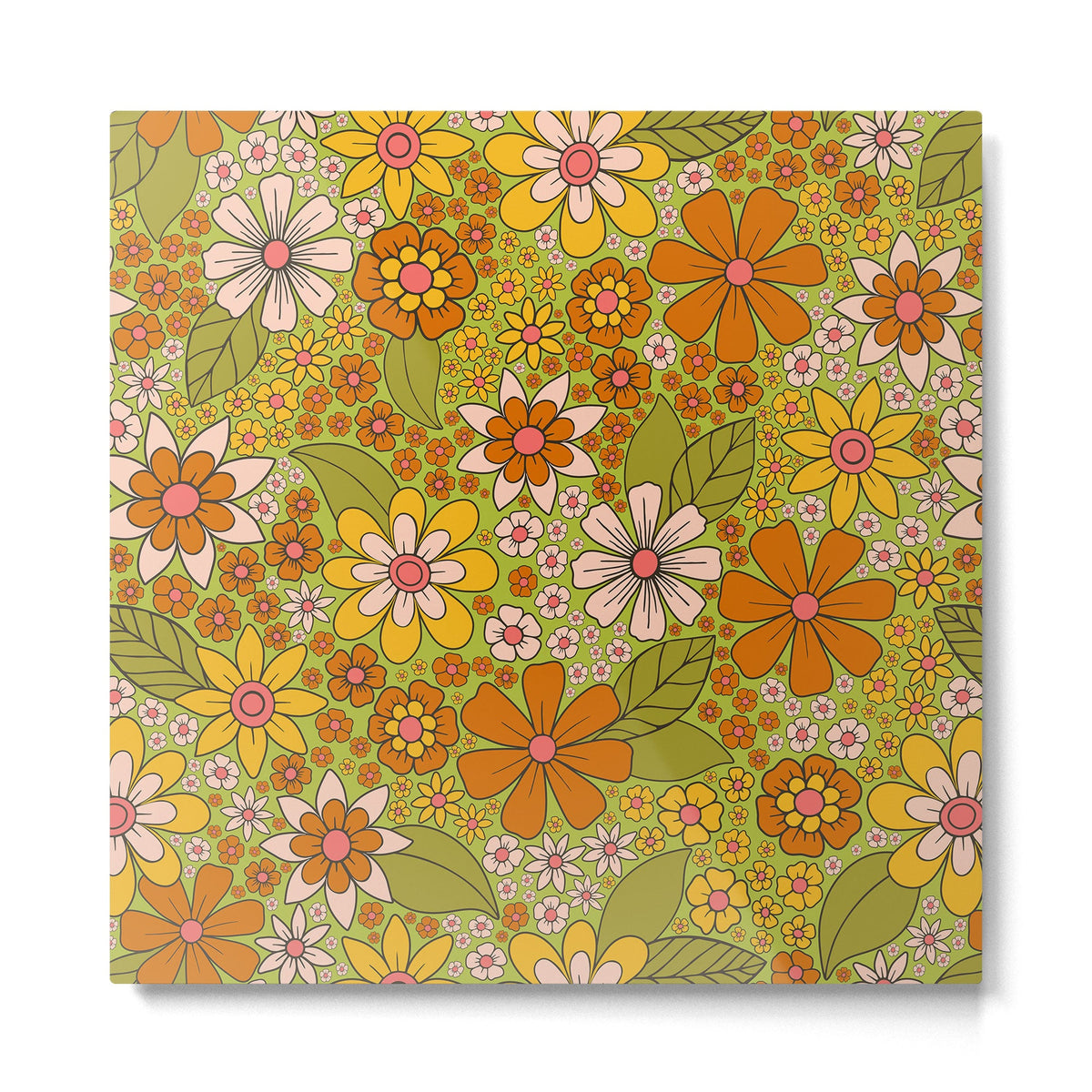 1960s, 1970s Retro Floral in Green, Pink & Orange - Flower Power Metal Print