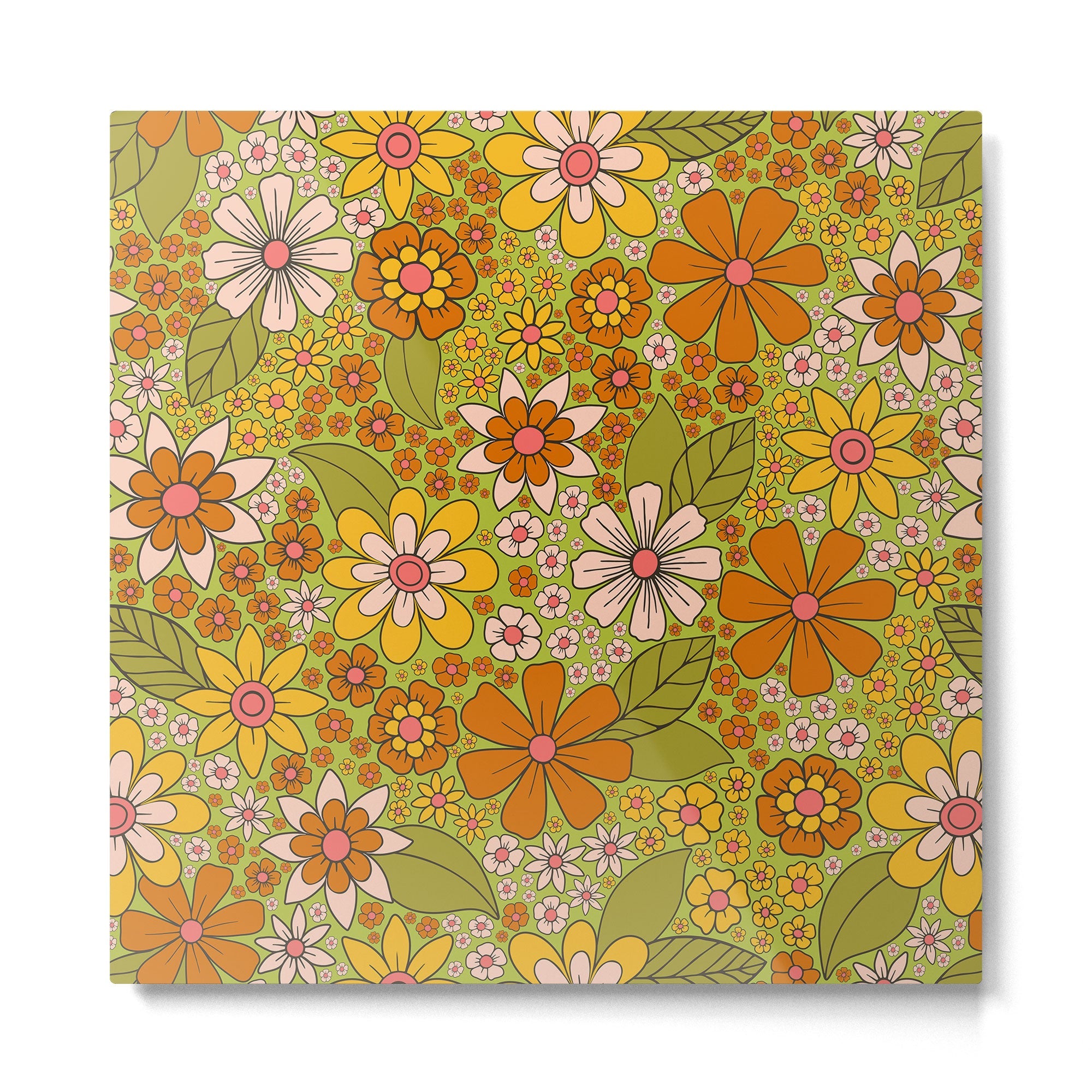 1960s, 1970s Retro Floral in Green, Pink & Orange - Flower Power Metal Print