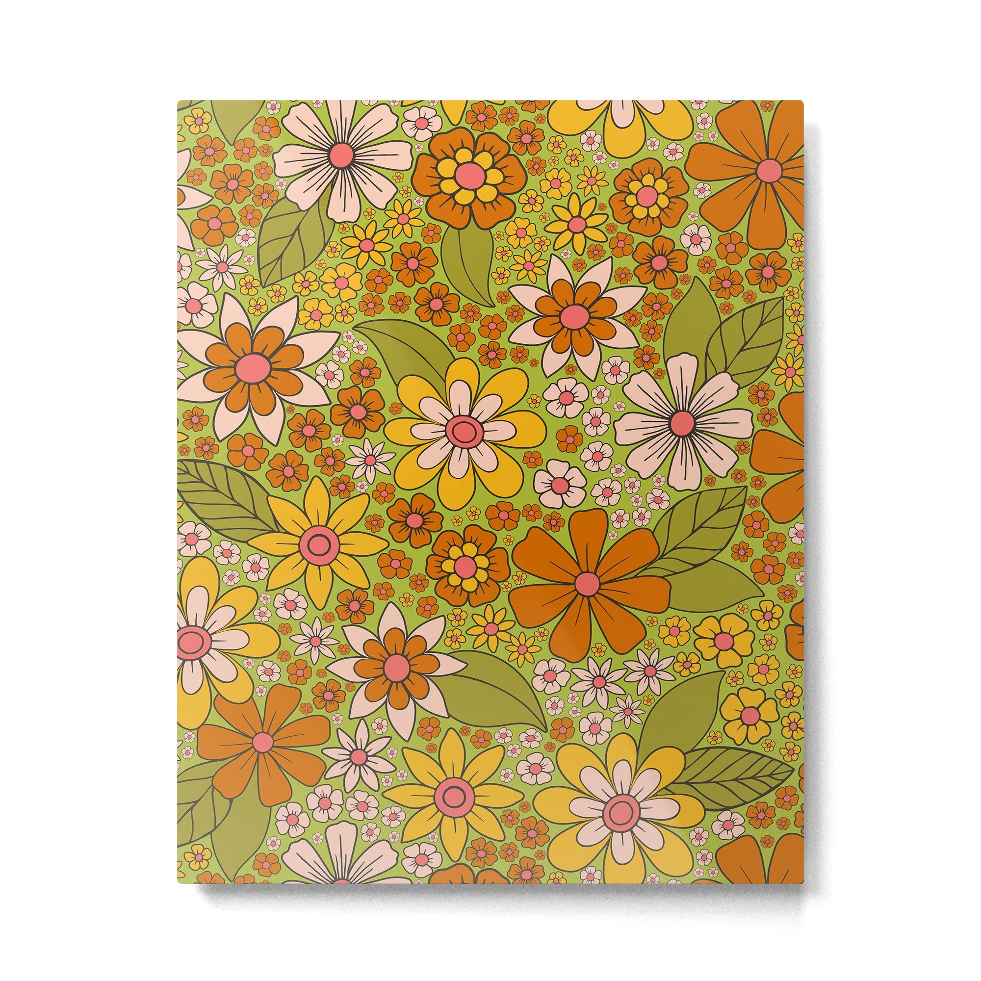 1960s, 1970s Retro Floral in Green, Pink & Orange - Flower Power Metal Print