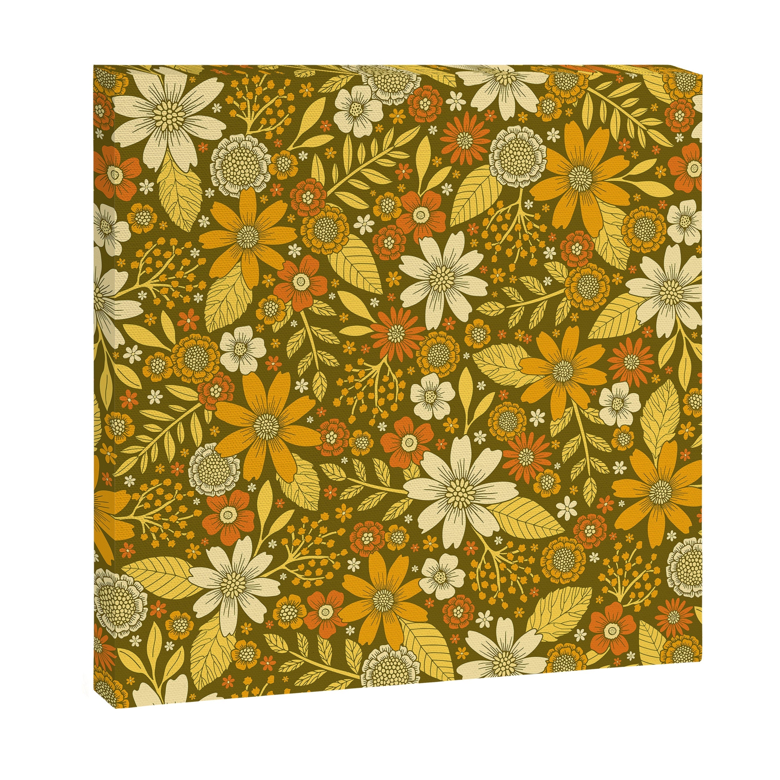 1970s Retro Flowers Pattern in Yellow, Orange & Olive Green Canvas Print