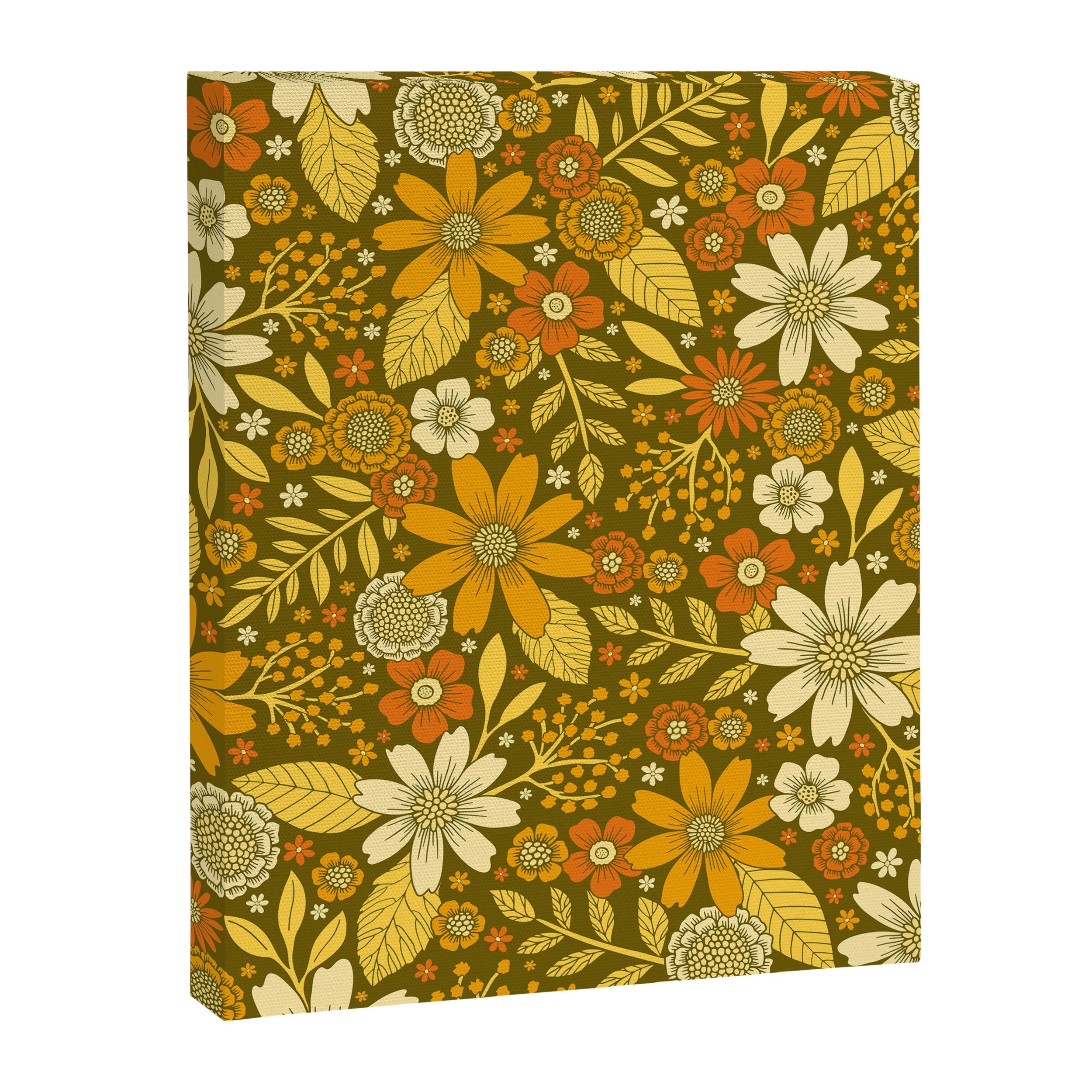 1970s Retro Flowers Pattern in Yellow, Orange & Olive Green Canvas Print