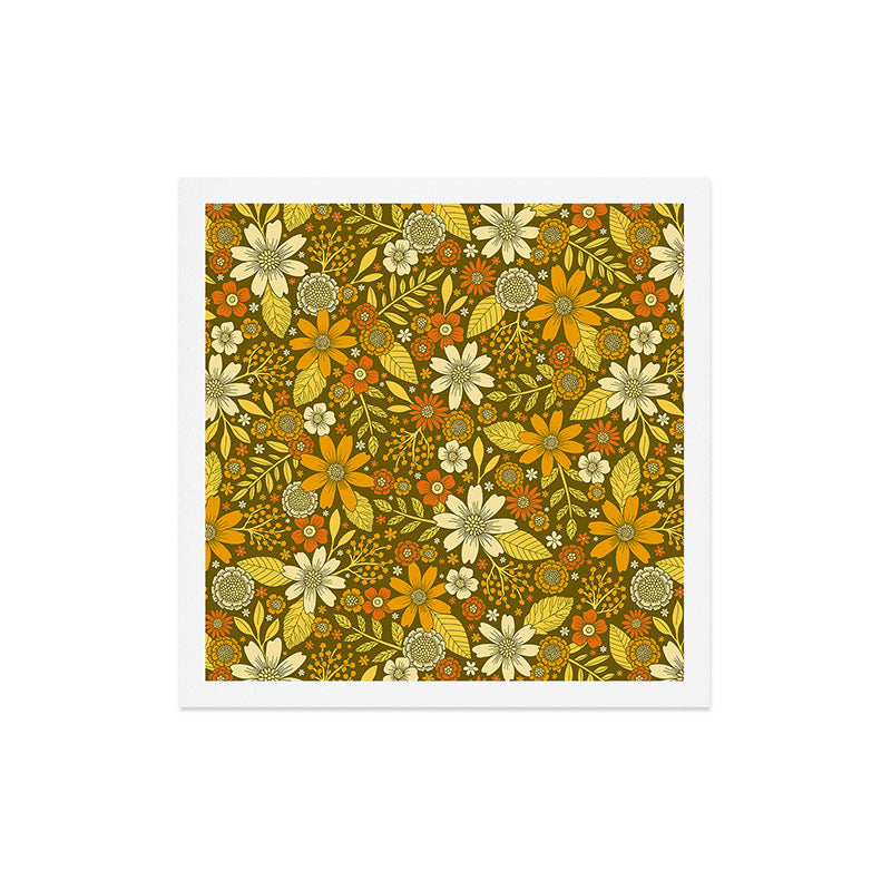 1970s Retro Flowers Pattern in Yellow, Orange & Olive Green Art Print