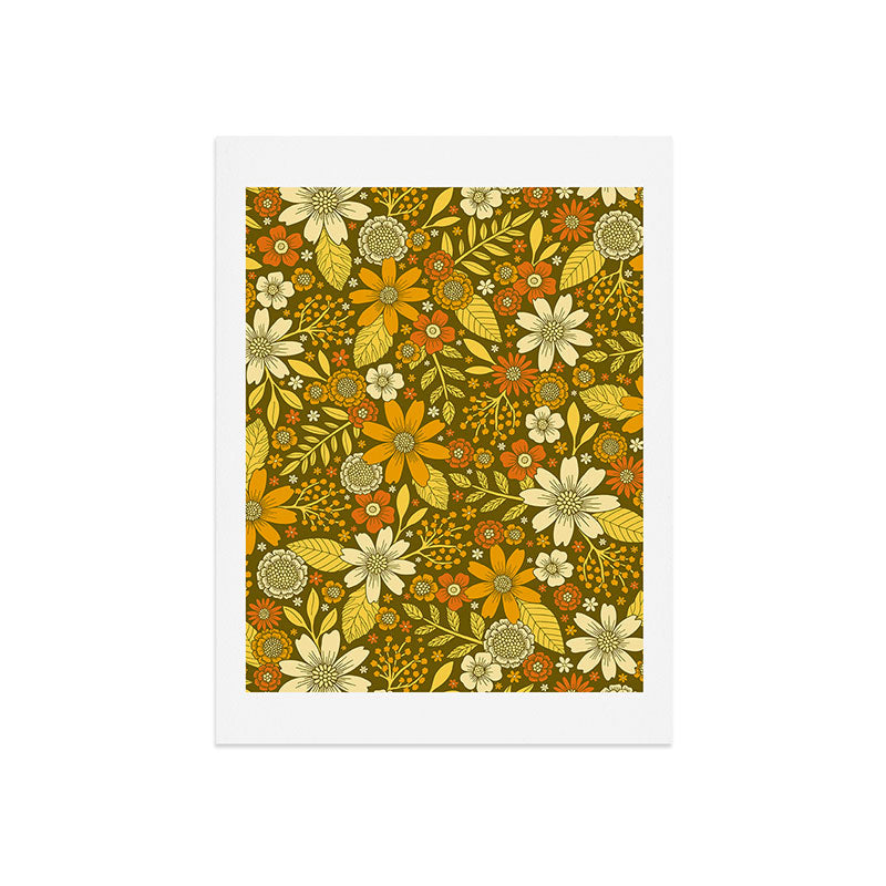1970s Retro Flowers Pattern in Yellow, Orange & Olive Green Art Print