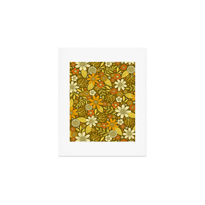 1970s Retro Flowers Pattern in Yellow, Orange & Olive Green Art Print
