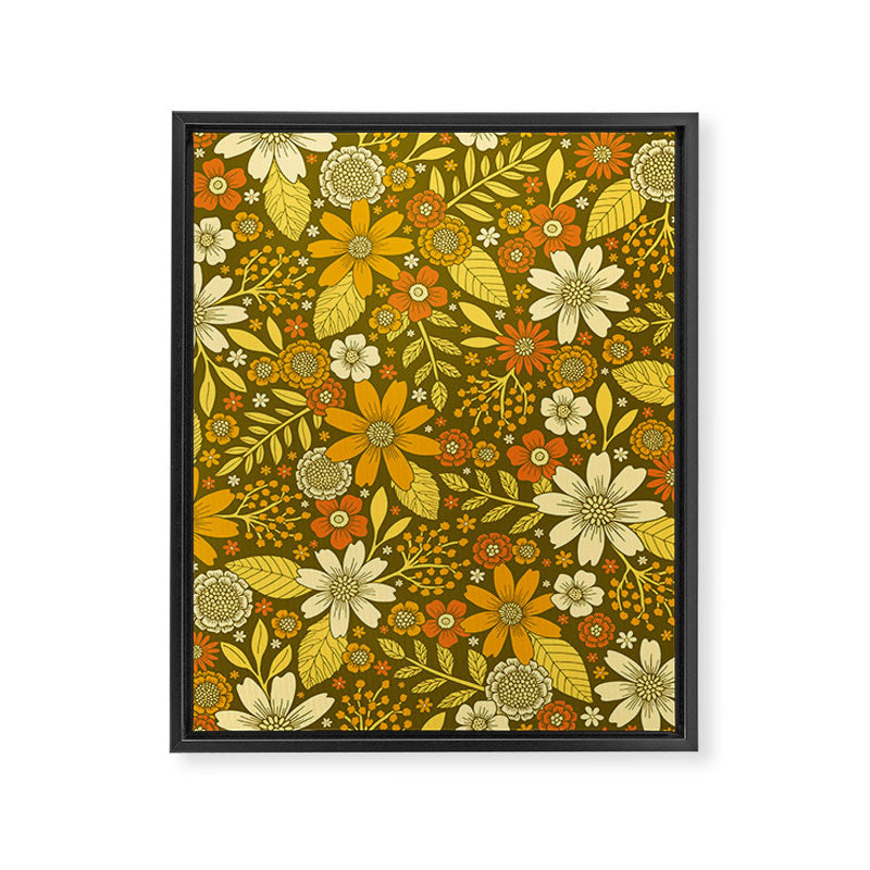 1970s Retro Flowers Pattern in Yellow, Orange & Olive Green Framed Canvas Print