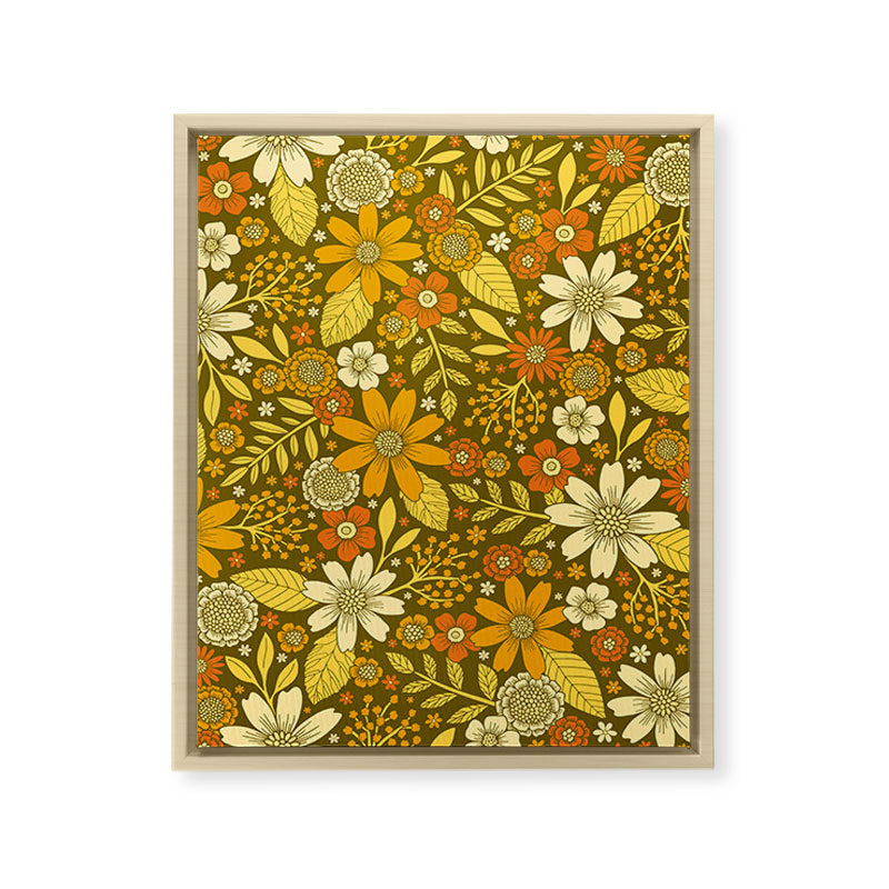 1970s Retro Flowers Pattern in Yellow, Orange & Olive Green Framed Canvas Print
