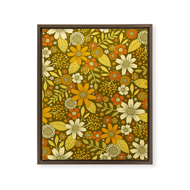 1970s Retro Flowers Pattern in Yellow, Orange & Olive Green Framed Canvas Print