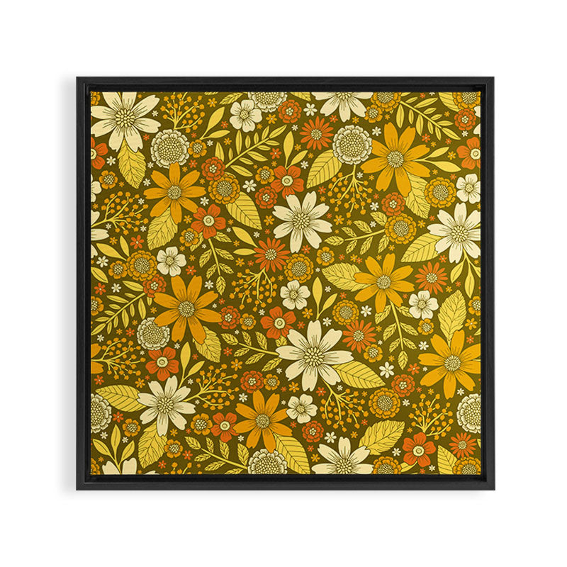 1970s Retro Flowers Pattern in Yellow, Orange & Olive Green Framed Canvas Print