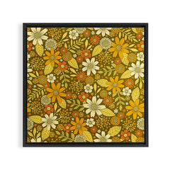 1970s Retro Flowers Pattern in Yellow, Orange & Olive Green Framed Canvas Print