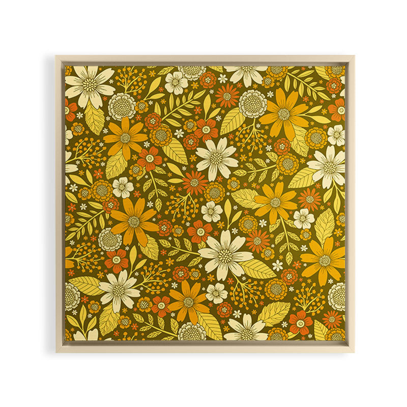 1970s Retro Flowers Pattern in Yellow, Orange & Olive Green Framed Canvas Print