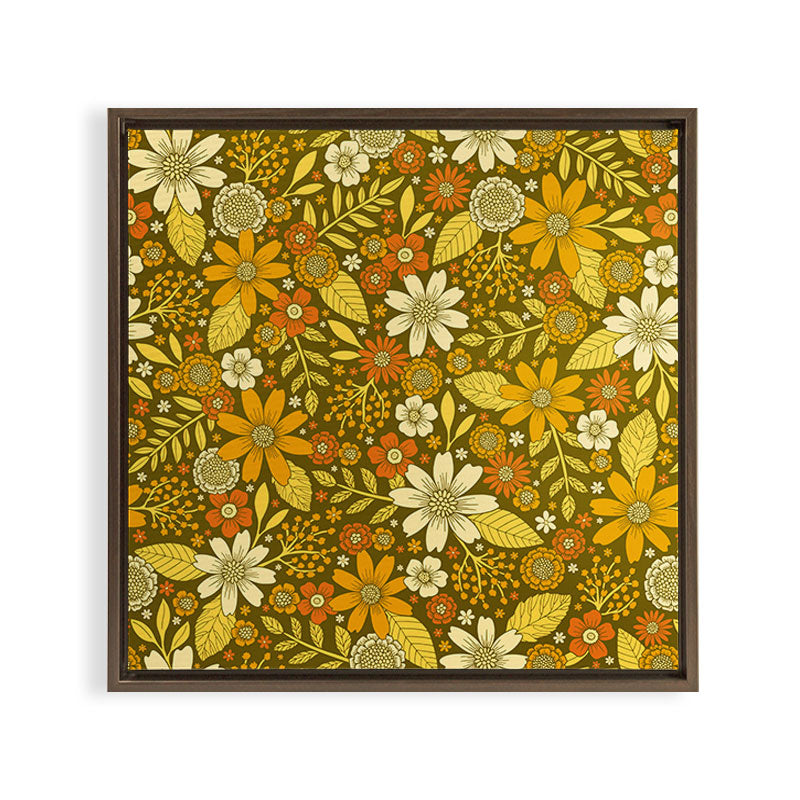 1970s Retro Flowers Pattern in Yellow, Orange & Olive Green Framed Canvas Print