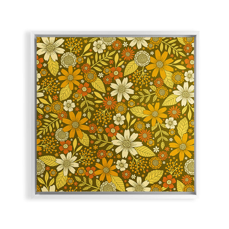 1970s Retro Flowers Pattern in Yellow, Orange & Olive Green Framed Canvas Print