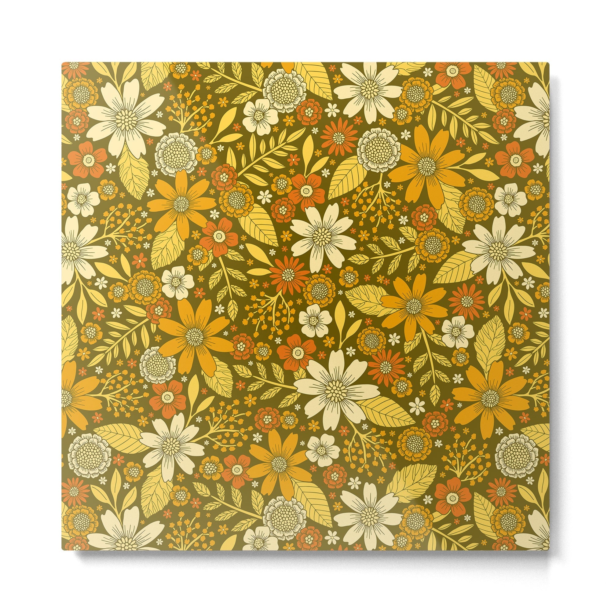1970s Retro Flowers Pattern in Yellow, Orange & Olive Green Metal Print