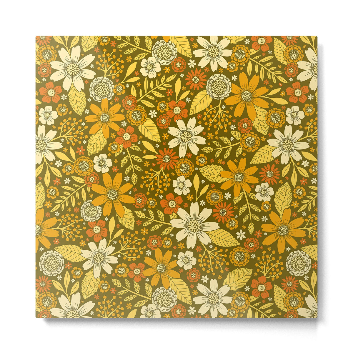 1970s Retro Flowers Pattern in Yellow, Orange & Olive Green Metal Print