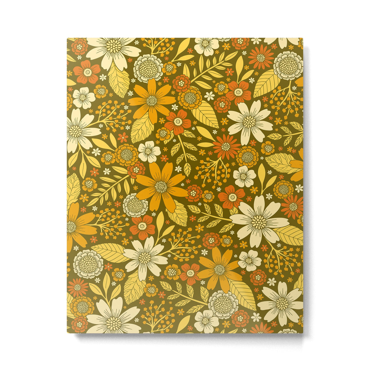 1970s Retro Flowers Pattern in Yellow, Orange & Olive Green Metal Print