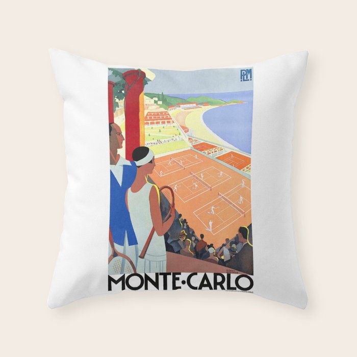 1930 MONTE CARLO Tennis Monaco Travel Poster Throw Pillow