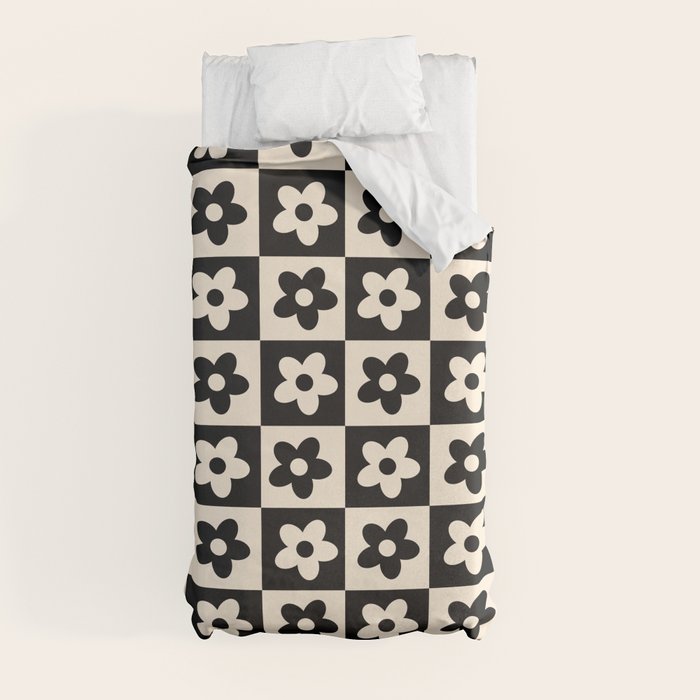 90s flowers checkers cream and black Duvet Cover
