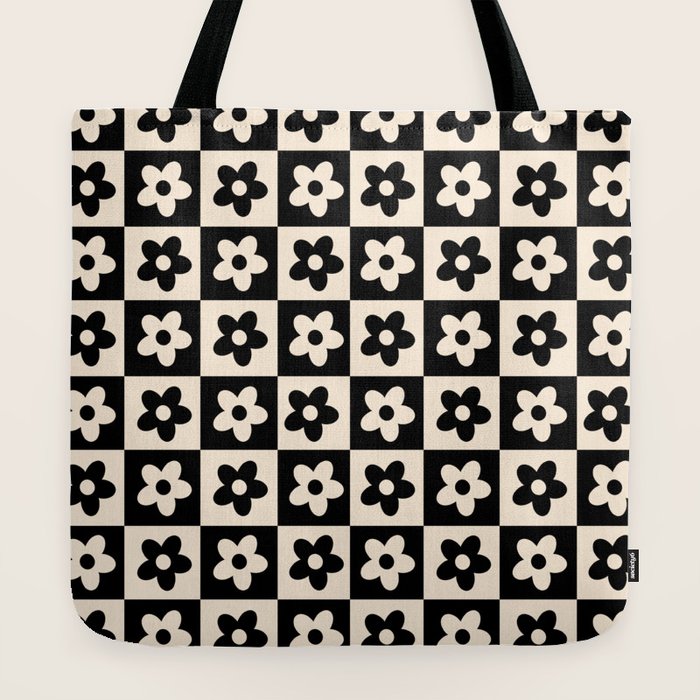 90s flowers checkers cream and black Tote Bag