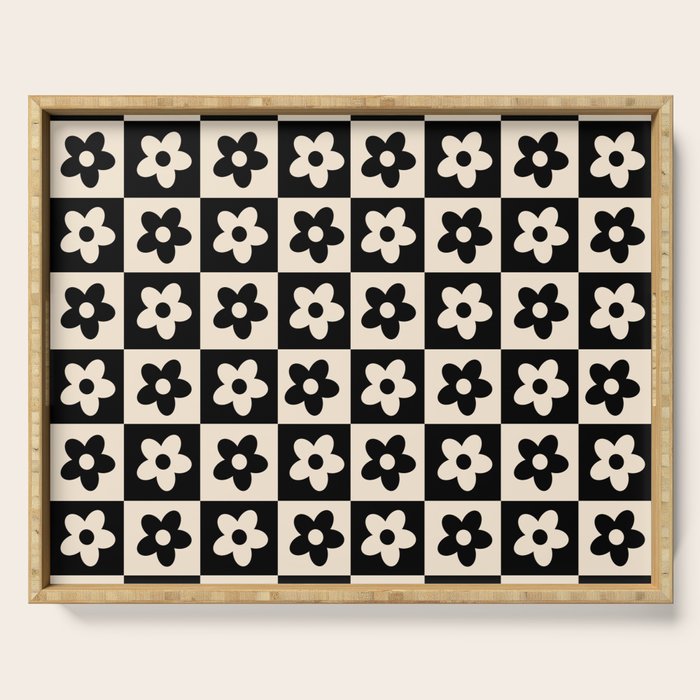 90s flowers checkers cream and black Serving Tray